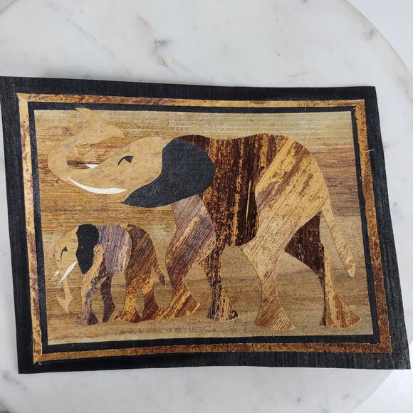 Vintage Banana Leaf Elephant and Rhino Painting Unframed Safari Wall Art - Picture 9 of 11